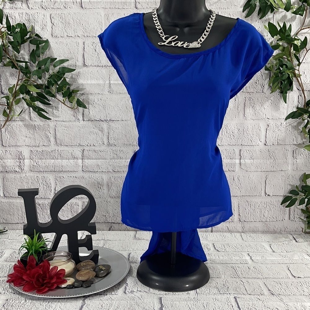 Women’s Dots Blue Draped Detailed Back Sheer Short Sleeve Blouse (XL) CA08